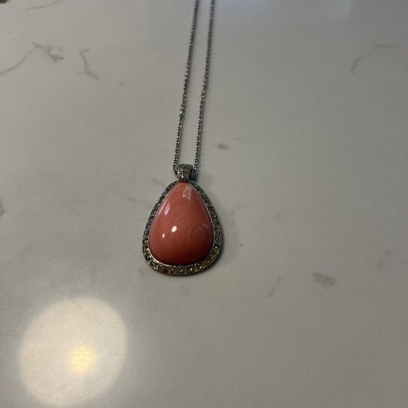 Avon Jewelry - Vintage Avon Silver Necklace Pink Marble Stone Rhinestones Pendant Statement